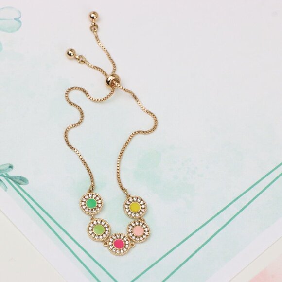 Rose Gold Adjustable Bracelet with Colorful CZ Disc Charms, XPAB0659 - Picture 4 of 12